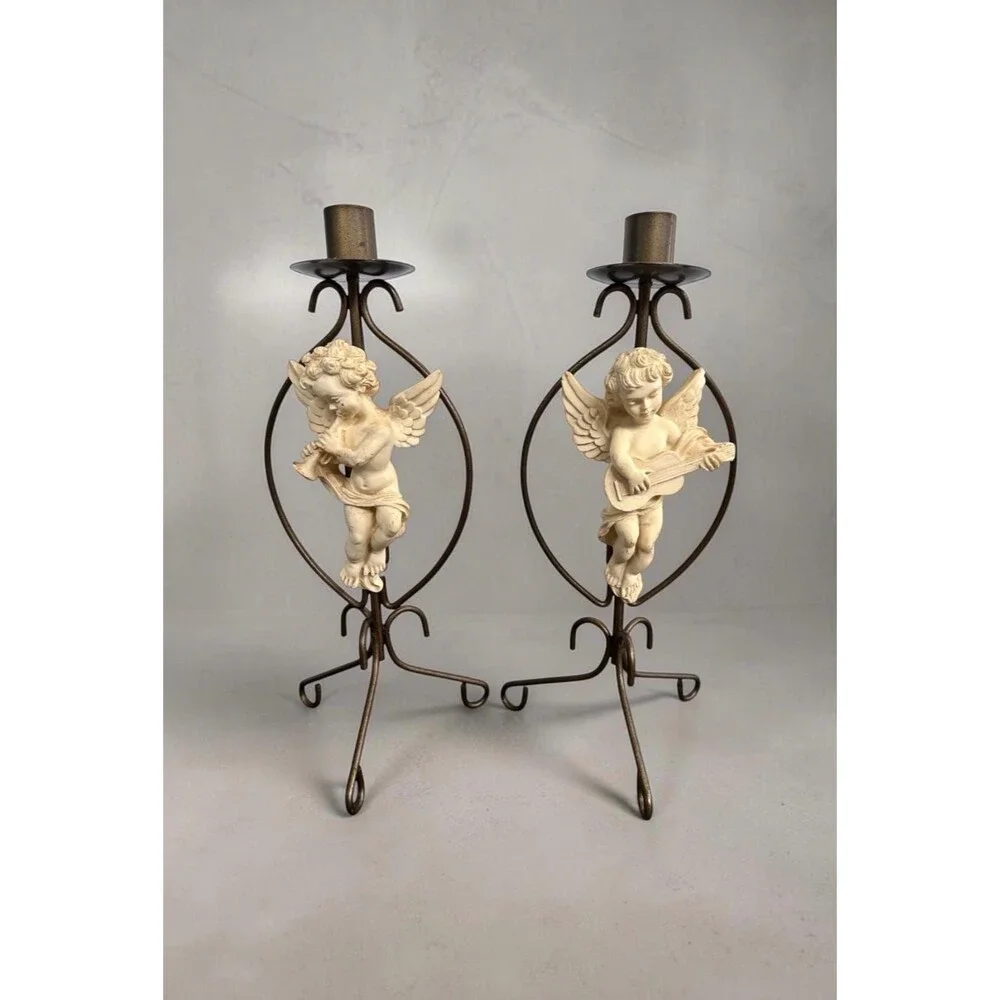 Vintage Musical Cherub Candle Holders x2 Wrought Iron & Resin Angel Candlesticks